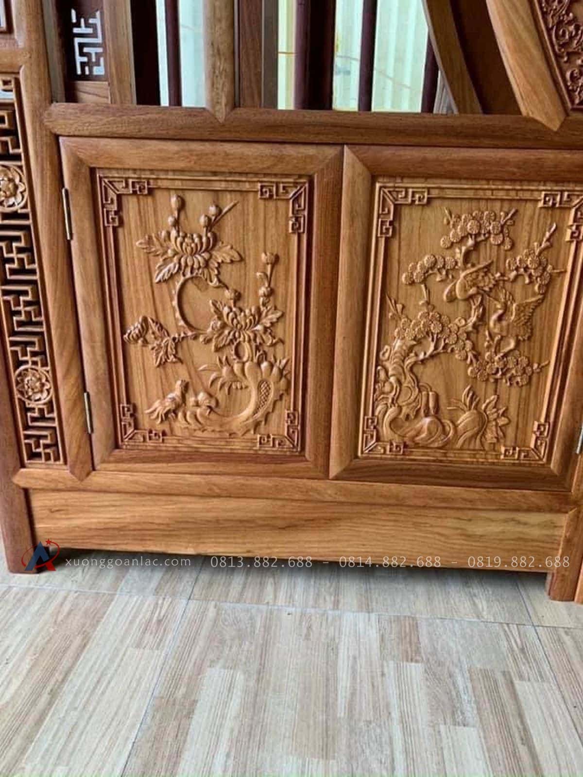 Kệ tivi kiêm tủ trang trí gỗ gõ đỏ cao cấp (Chị Thịnh, Hà Nam) 17 mặt tủ chạm tranh tứ quý