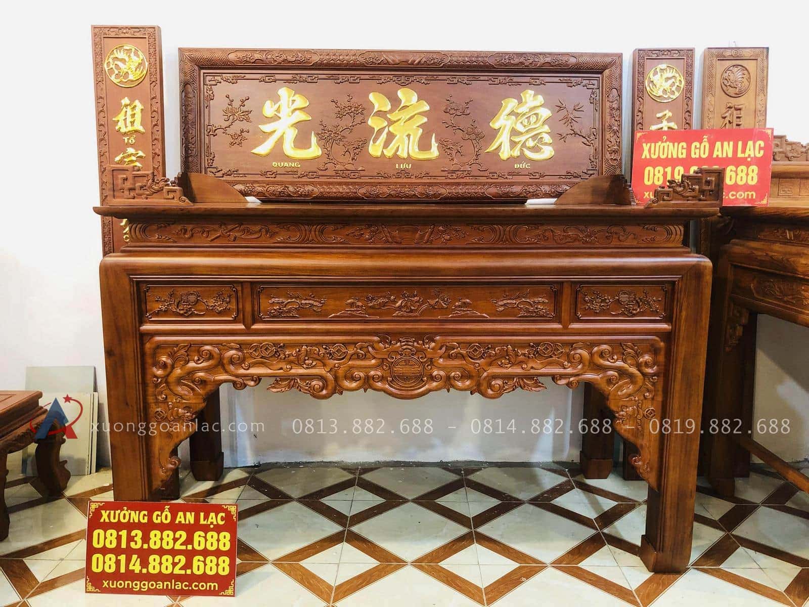 Mẫu án Gian thờ ngũ phúc gỗ gụ 1m97 chân 12 Anh Đức - Hà Nội 20 mẫu án gian ngũ phúc gỗ gụ