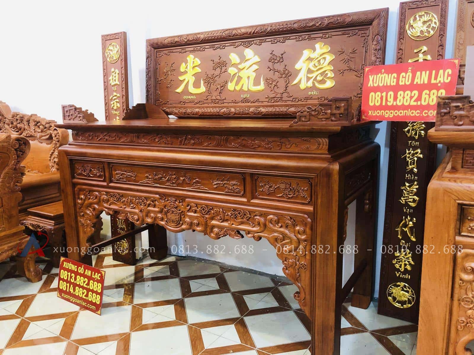 Mẫu án Gian thờ ngũ phúc gỗ gụ 1m97 chân 12 Anh Đức - Hà Nội 21 án gian thờ ngũ phúc chất liệu gỗ gụ