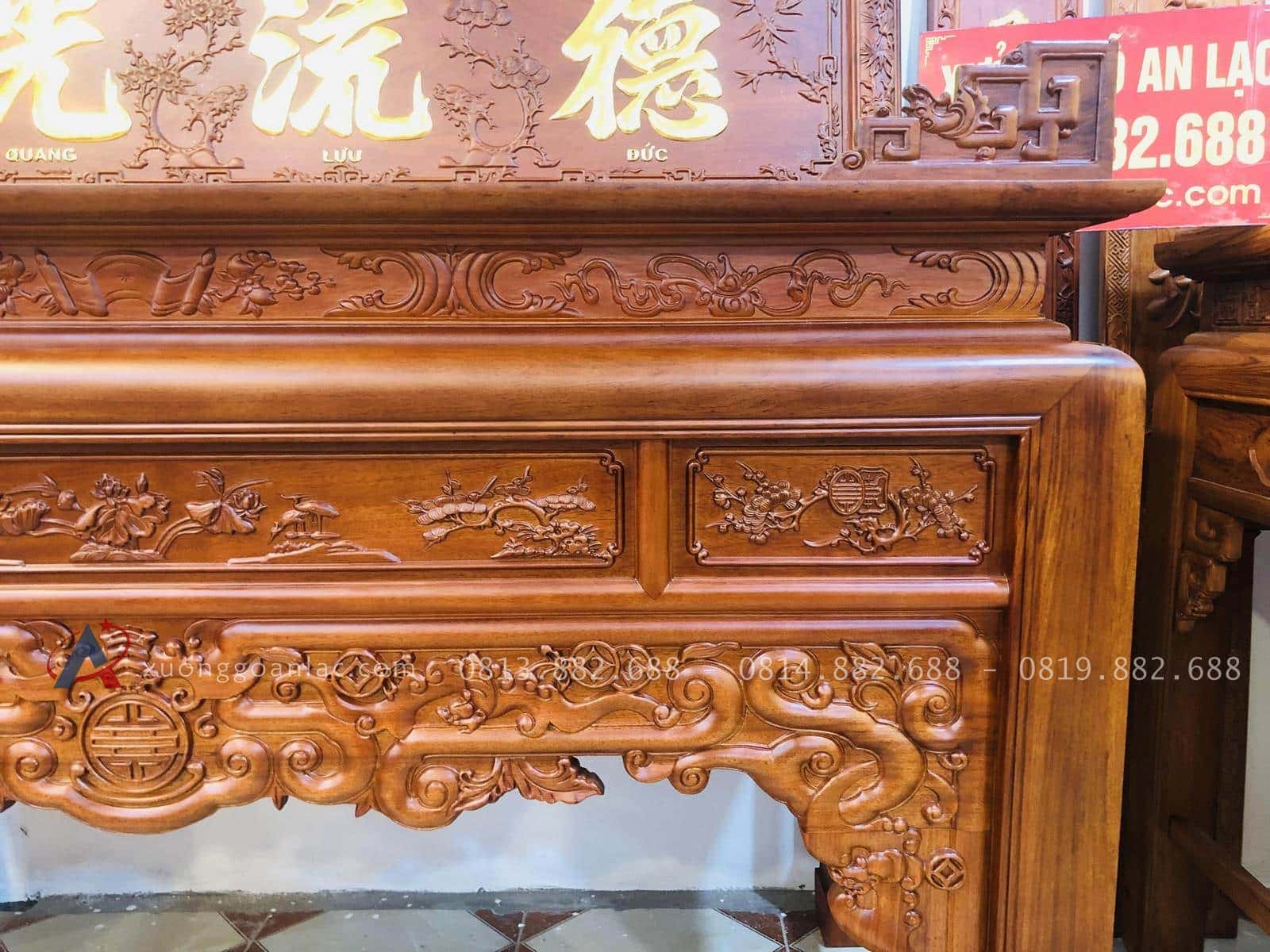 Mẫu án Gian thờ ngũ phúc gỗ gụ 1m97 chân 12 Anh Đức - Hà Nội 25 mẫu án gian gỗ gụ đục tay