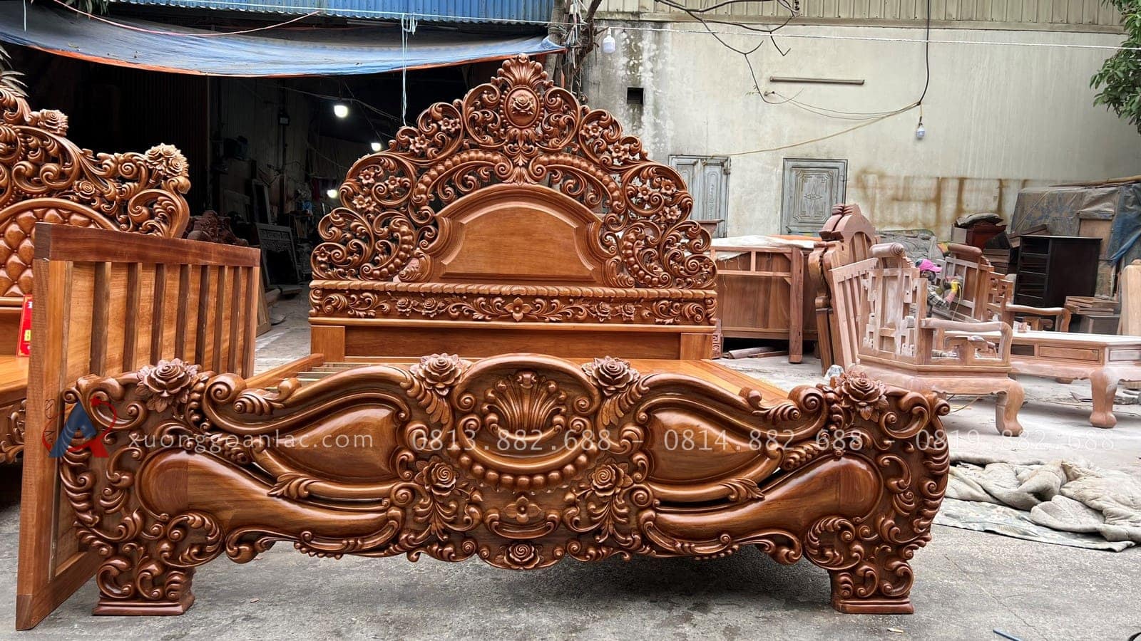 Mẫu giường Nữ Hoàng nguyên khối gỗ gõ đỏ siêu Vip 22 giường ngủ nữ hoàng gỗ gõ đỏ