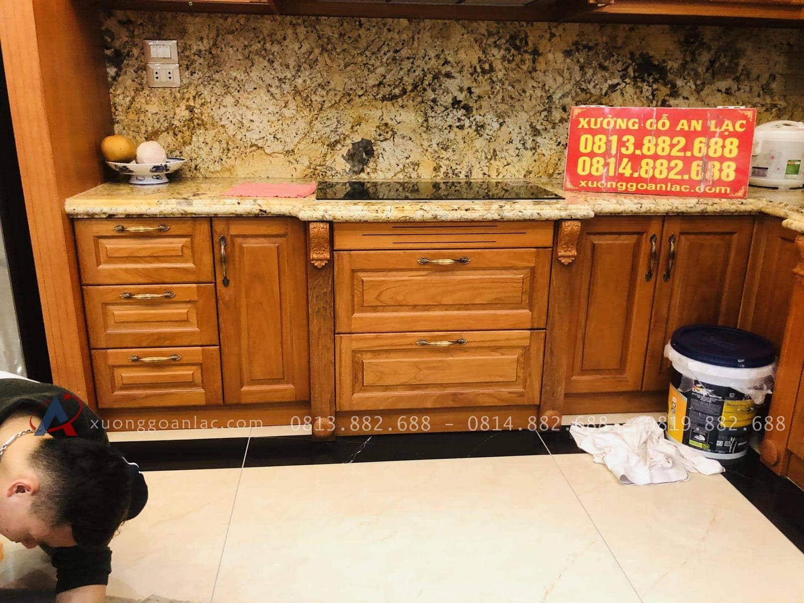 Bàn giao tủ bếp gỗ gõ đỏ siêu vip cho anh Bình - Đông Anh, Hà Nội 28 khối tủ bếp dưới