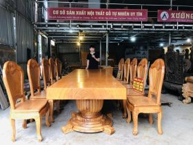 bàn ăn chân tròn nguyên khối ghế hoa cúc gỗ gõ đỏ