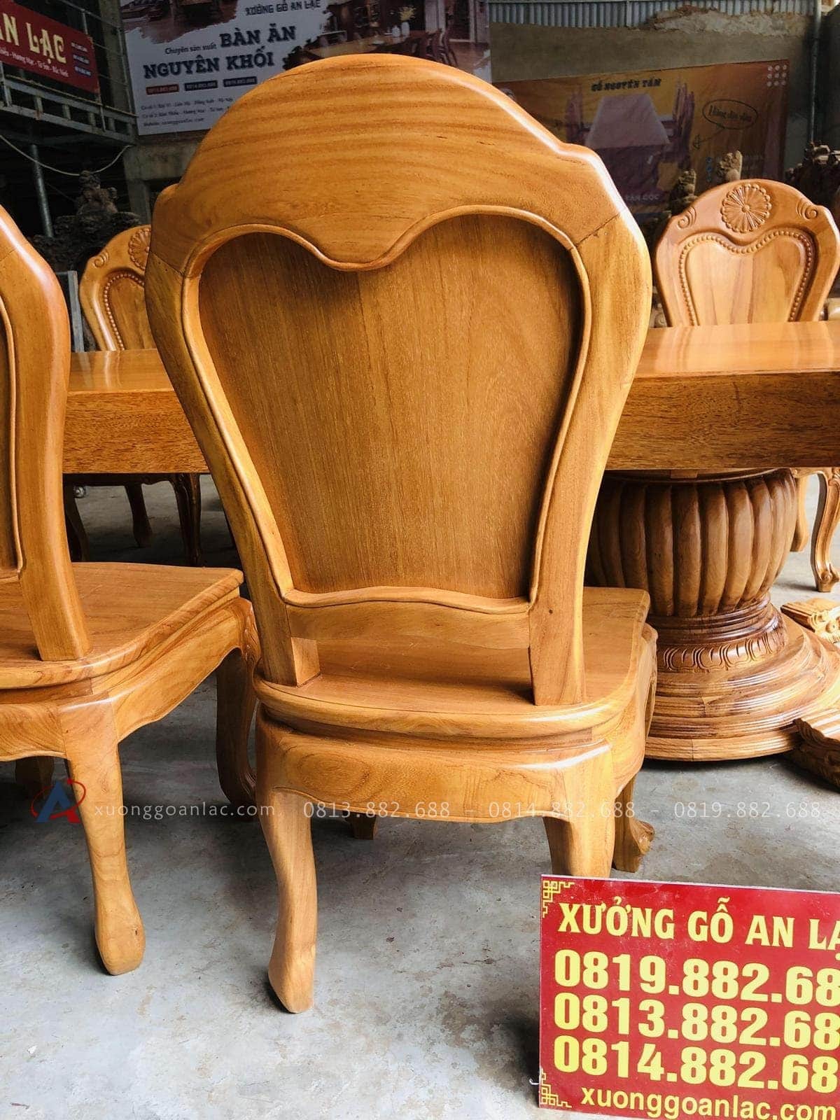 Bộ bàn ăn chân tròn nguyên khối 10 ghế hoa cúc gỗ gõ đỏ hàng vip (Anh Đại, Bắc Giang) 31 mặt lưng của ghế ăn hoa cúc