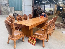 Bộ bàn ăn nguyên khối 10 ghế louis có tay bọc đệm gỗ gõ đỏ (Chị Dáng, Quảng Ninh) 12 bàn ăn 10 ghế hoành tráng