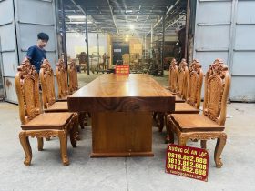 bàn ăn nguyên khối 8 ghế hồng hạt gỗ gõ đỏ