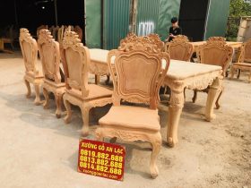 Bộ bàn ăn hoàng gia 8 ghế louis hoa lá tây không tay gỗ gõ đỏ bản mộc (Chú Quốc, Cao Bằng) 14 bộ bàn ăn 8 ghế hoa lá tây không tay
