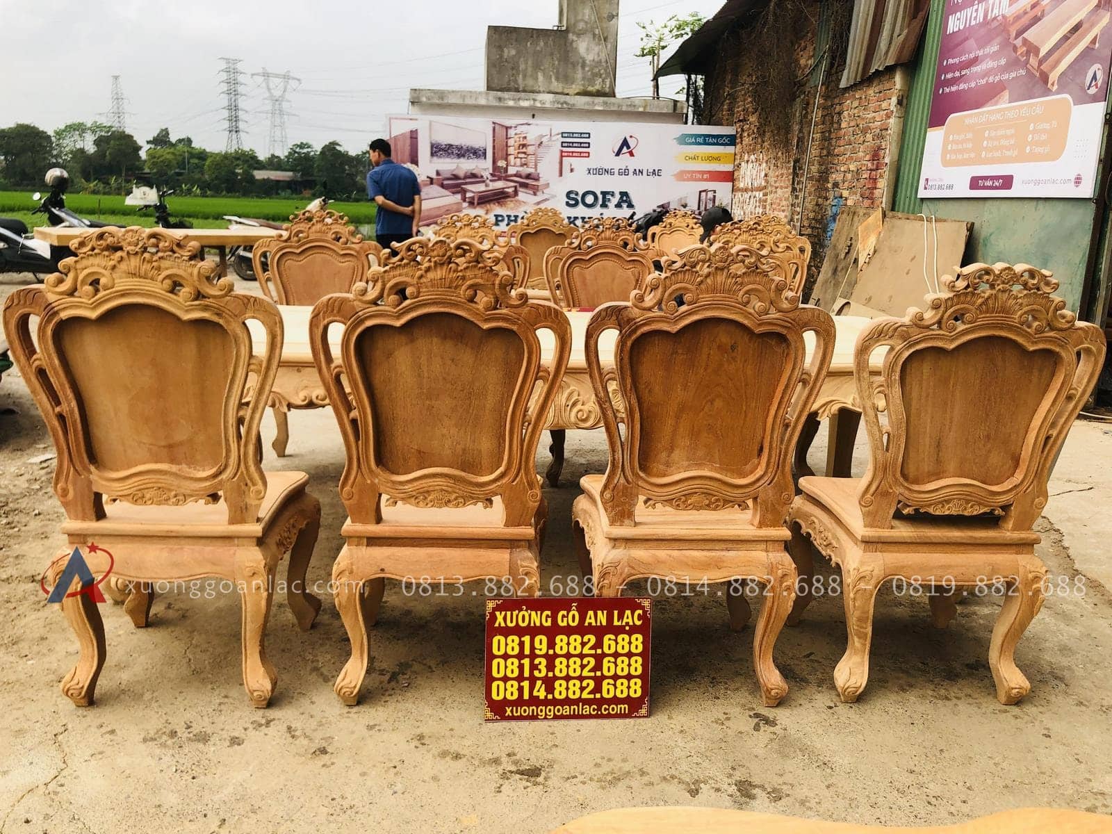 Bộ bàn ăn hoàng gia 8 ghế louis hoa lá tây không tay gỗ gõ đỏ bản mộc (Chú Quốc, Cao Bằng) 26 bộ bàn ghế ăn cao cấp phong cách hoàng gia
