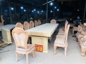 bản mộc bộ bàn ăn nguyên khối 12 ghế hoa sen gỗ gõ đỏ