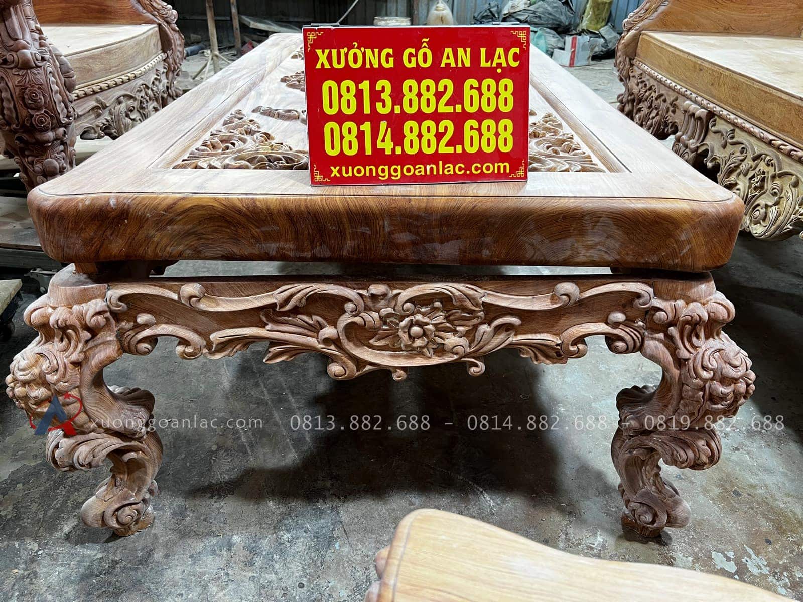 Bản mộc hoàn thiện bộ hoàng gia nguyên khối chân 18 gỗ hương đá của Anh Quang, Mộc Châu 51 bàn trà thiết kế mặt và hệ chân tách rời