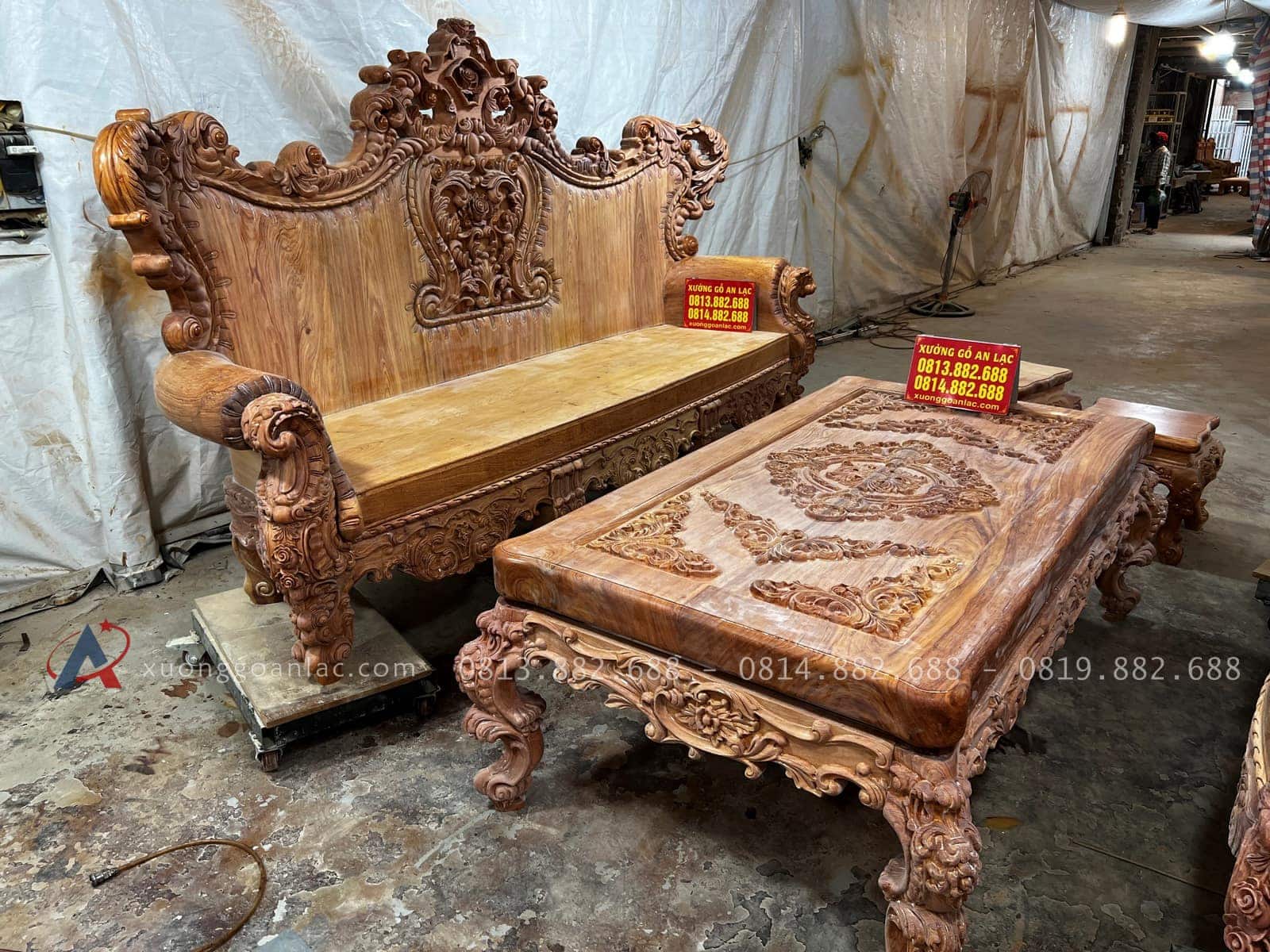 Bản mộc hoàn thiện bộ hoàng gia nguyên khối chân 18 gỗ hương đá của Anh Quang, Mộc Châu 54 đoản dài louis hoàng gia nguyên khối