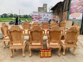 Bản mộc siêu phẩm bàn ăn nguyên khối 10 ghế louis hoa lá tây gỗ gõ đỏ (Anh Thịnh, Thái Bình) 12 bàn ăn 10 ghế louis hoa lá tây