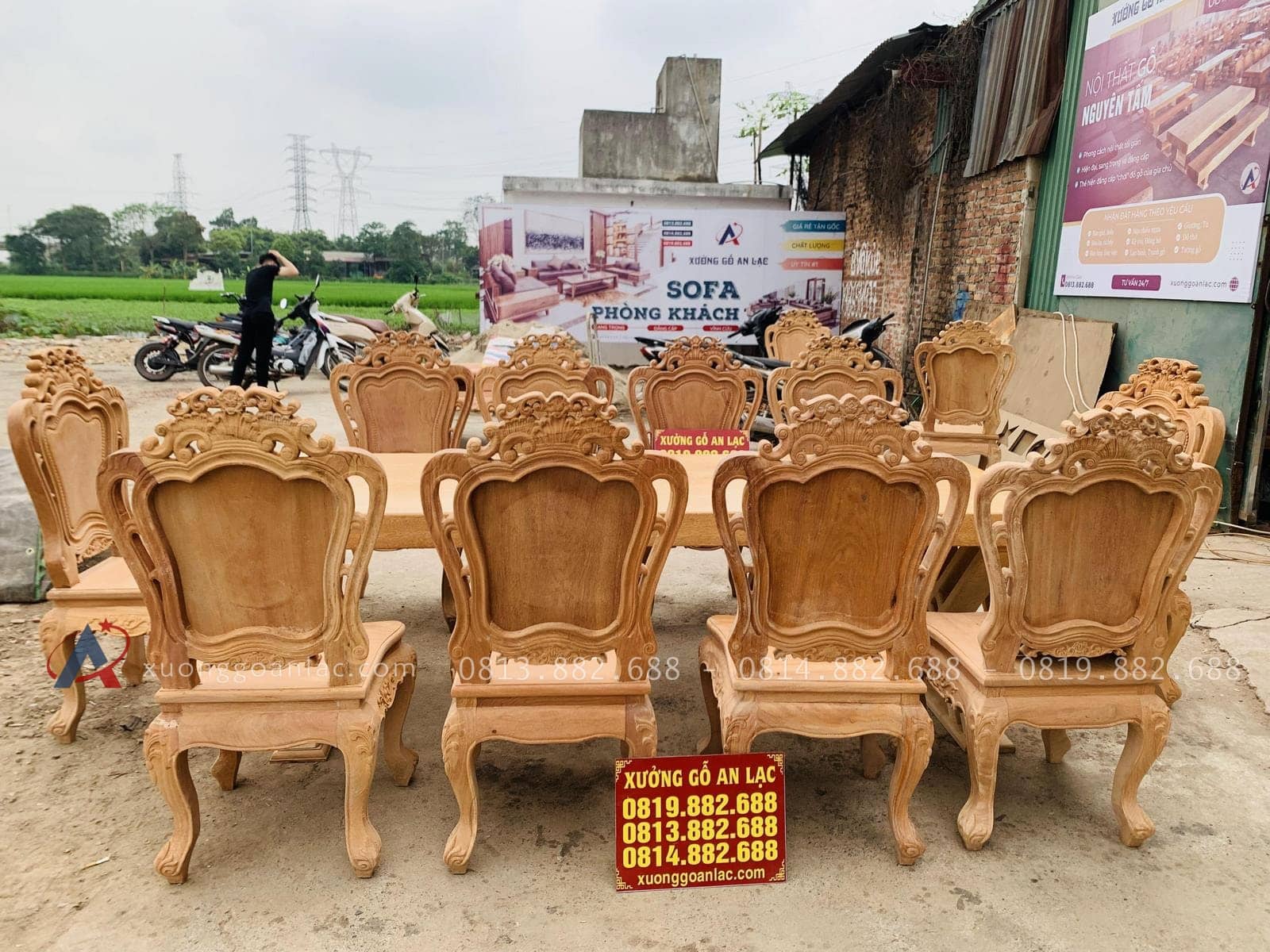 Bản mộc siêu phẩm bàn ăn nguyên khối 10 ghế louis hoa lá tây gỗ gõ đỏ (Anh Thịnh, Thái Bình) 22 bàn ăn 10 ghế louis hoa lá tây