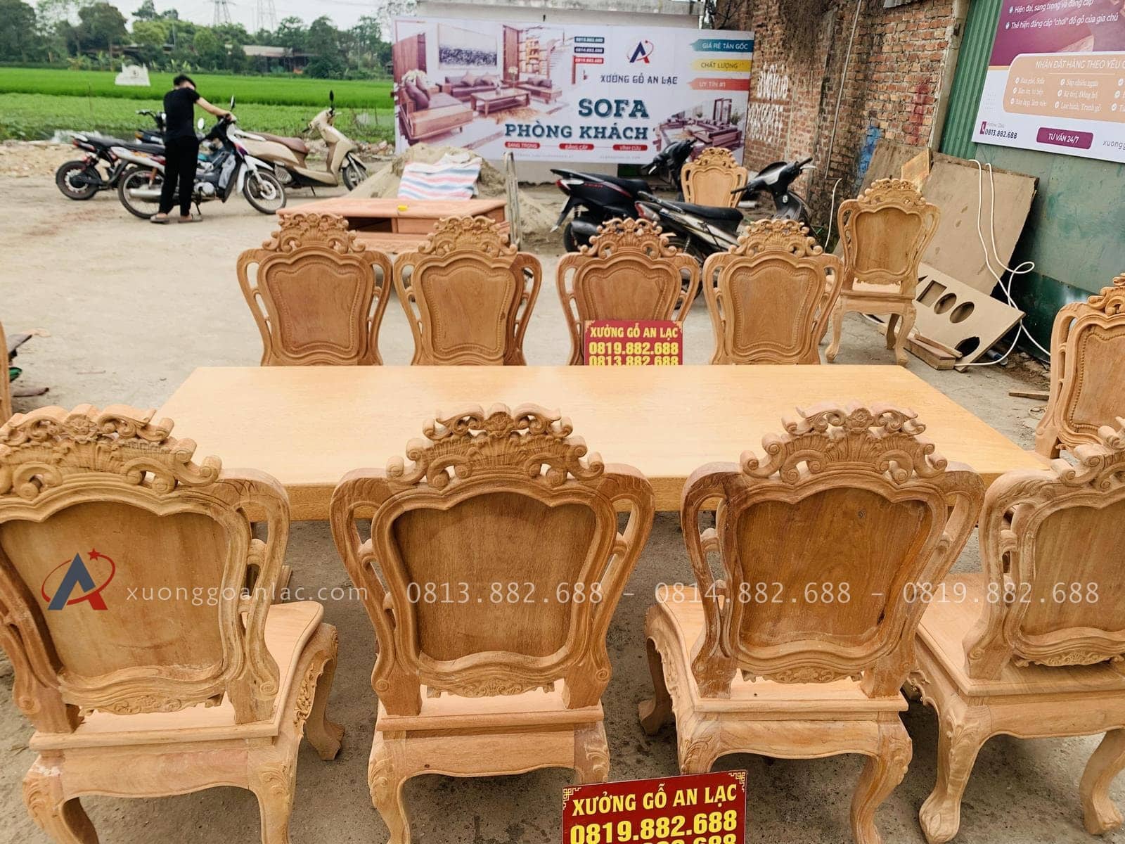 Bản mộc siêu phẩm bàn ăn nguyên khối 10 ghế louis hoa lá tây gỗ gõ đỏ (Anh Thịnh, Thái Bình) 26 bộ bàn ăn 10 ghế
