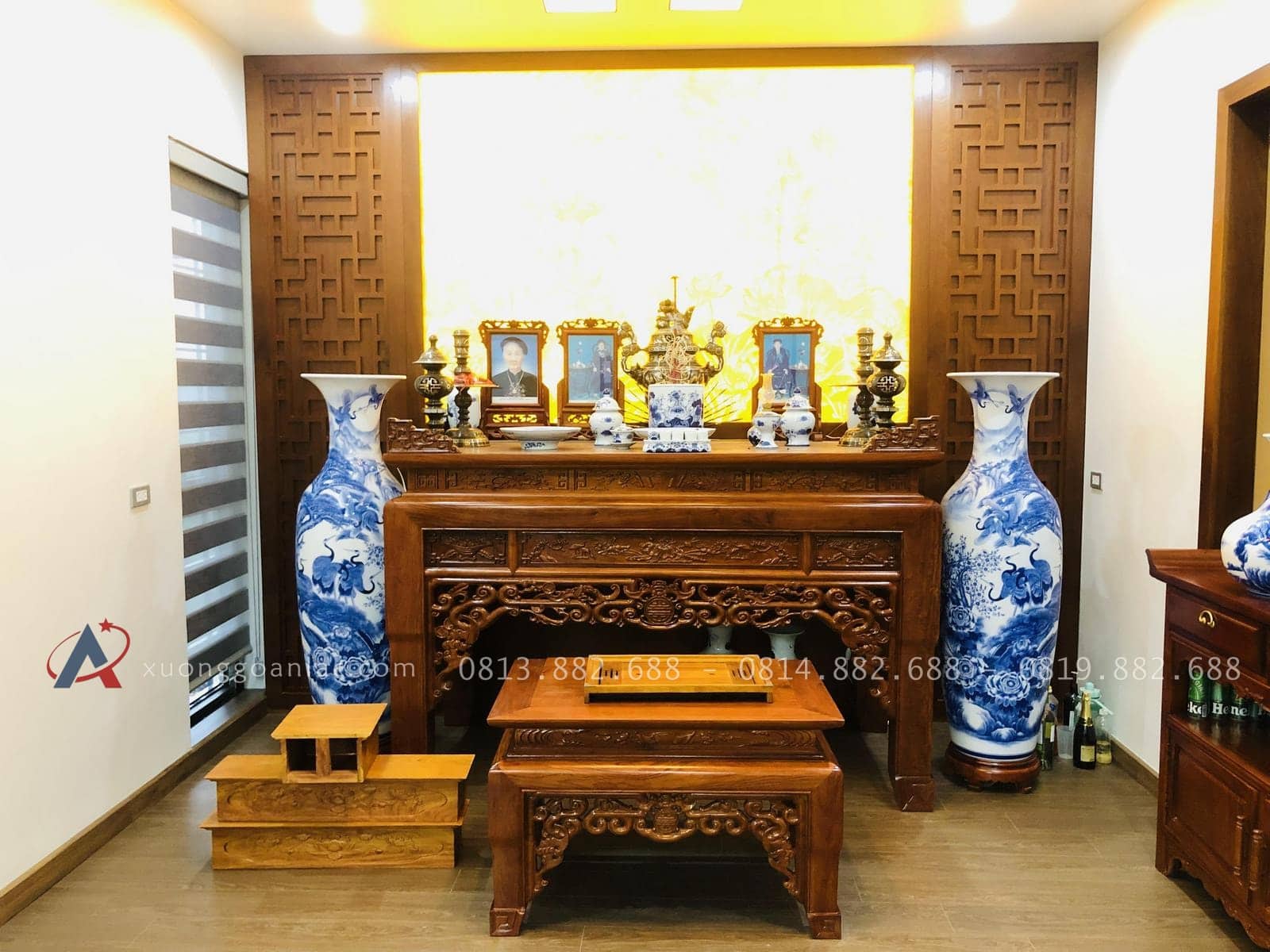 Bàn thờ án gian dơi ngũ phúc kèm bàn cơm gỗ hương việt 17 combo sập thờ và bàn cơm gỗ hương Việt