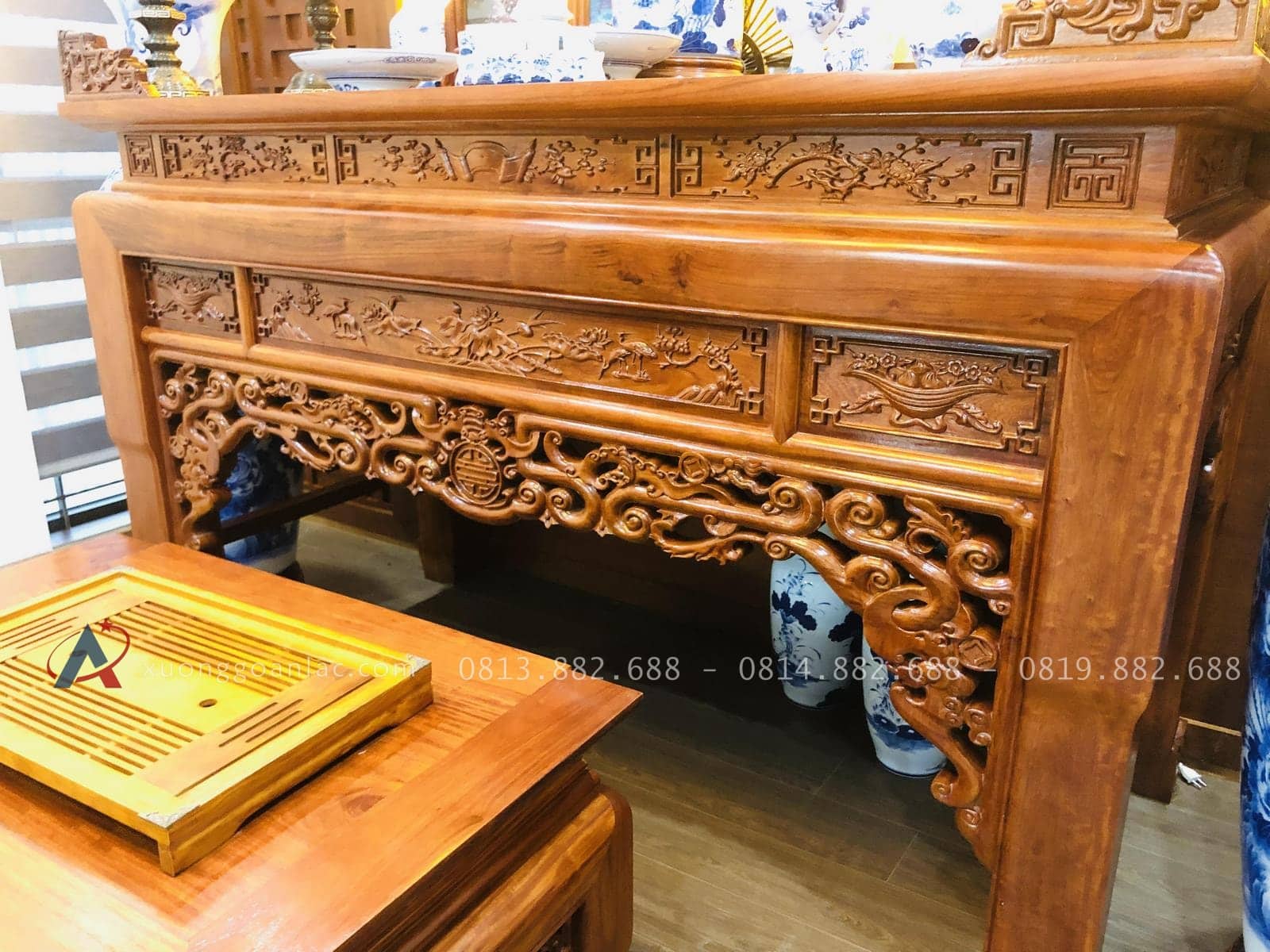 Bàn thờ án gian dơi ngũ phúc kèm bàn cơm gỗ hương việt 19 bàn thờ ngũ phúc đục họa tiết tinh xảo