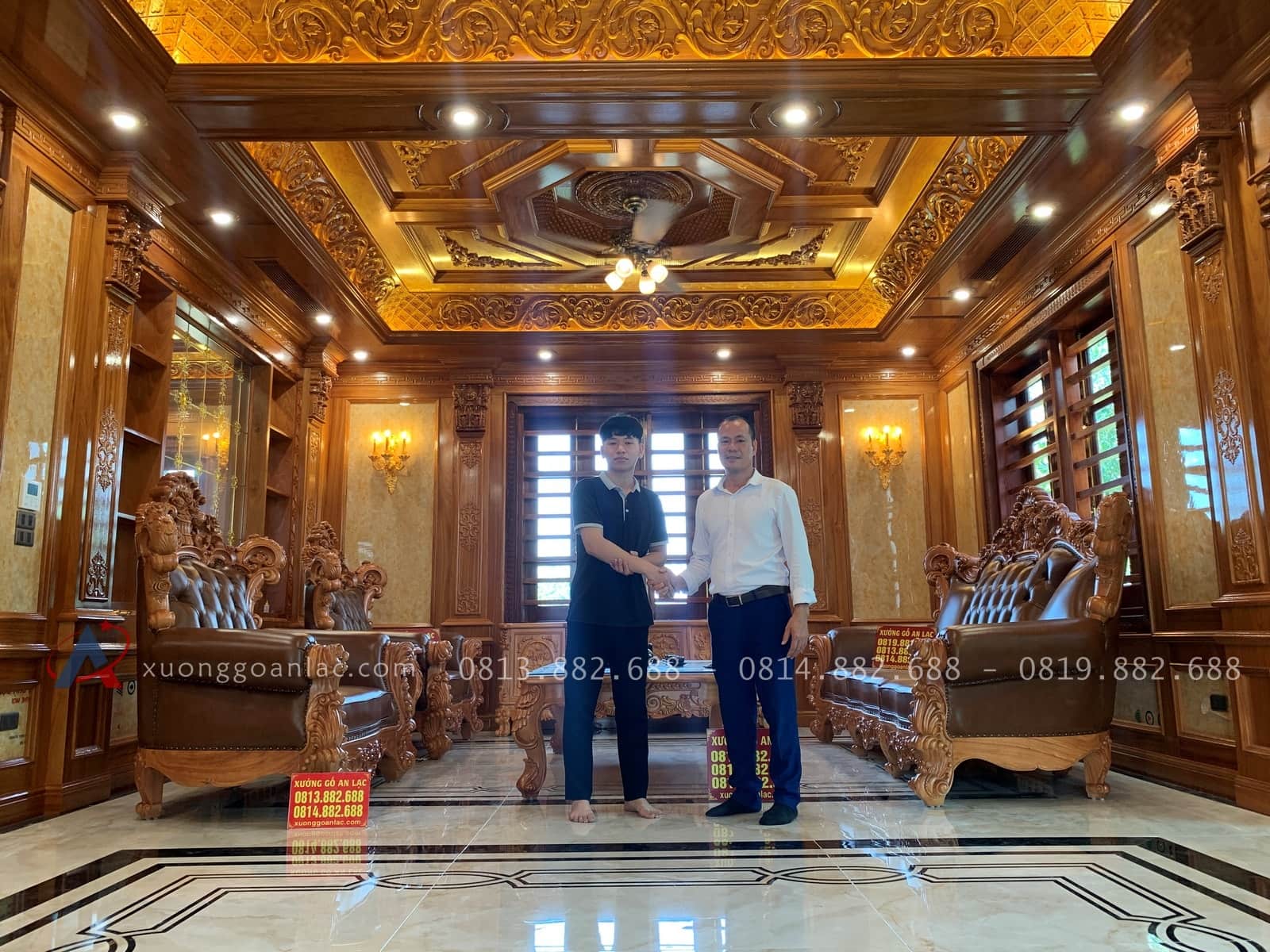 Combo bàn ghế hoàng gia bọc đệm gỗ gõ đỏ và kệ tivi louis hoa hồng (Anh Phú-Phú Thọ) 22 combo bàn ghế hoàng gia và kệ tivi gỗ gõ đỏ