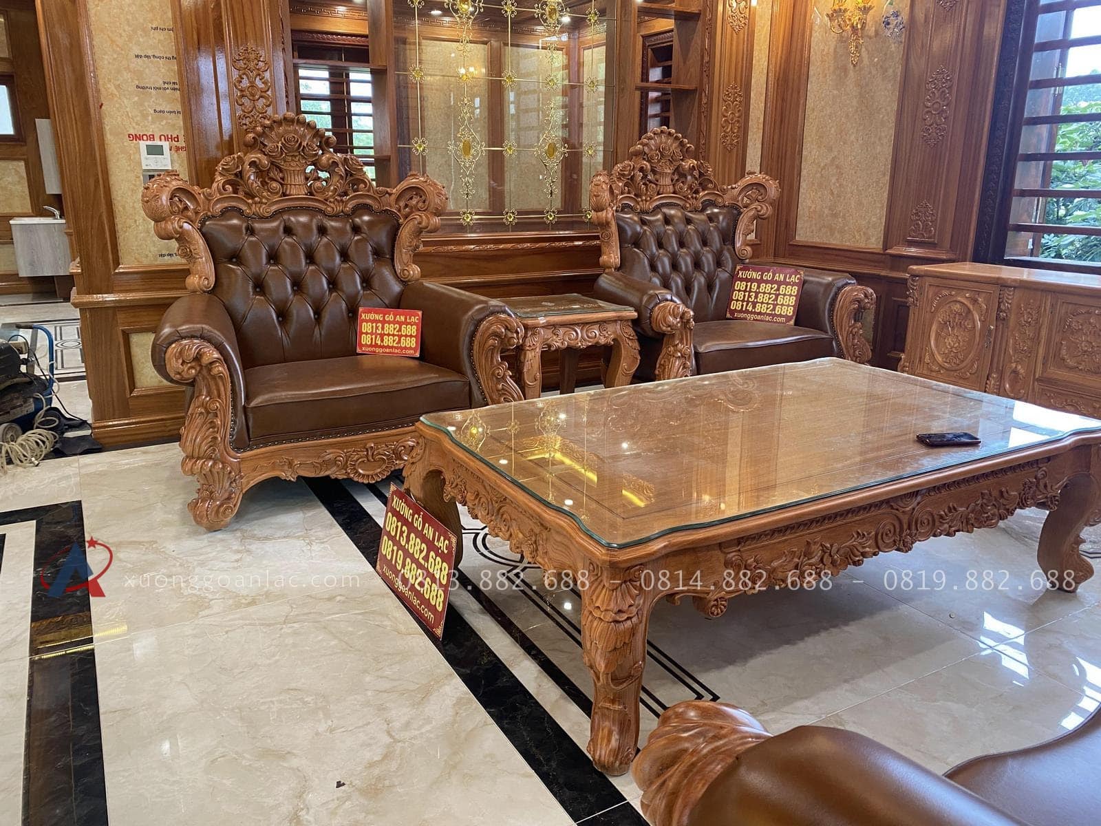 Combo bàn ghế hoàng gia bọc đệm gỗ gõ đỏ và kệ tivi louis hoa hồng (Anh Phú-Phú Thọ) 24 bộ bàn ghế louis hoàng gia 7 món