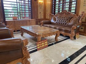 Combo bàn ghế hoàng gia bọc đệm gỗ gõ đỏ và kệ tivi louis hoa hồng (Anh Phú-Phú Thọ) 14 bộ bàn ghế phòng khách phong cách hàng gia sang chảnh