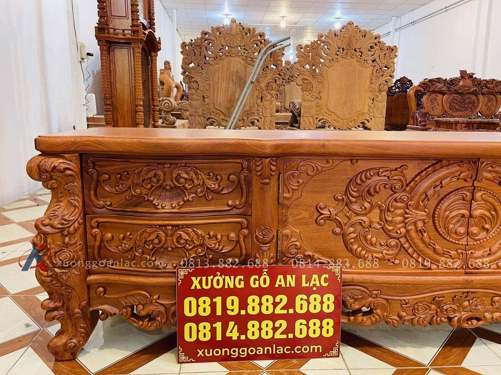 Kệ tivi hoàng gia gỗ hương đá hàng vip (Chị Mai, Hà Nội) 16 đầu kệ thiết kế 2 ngăn kéo để đồ