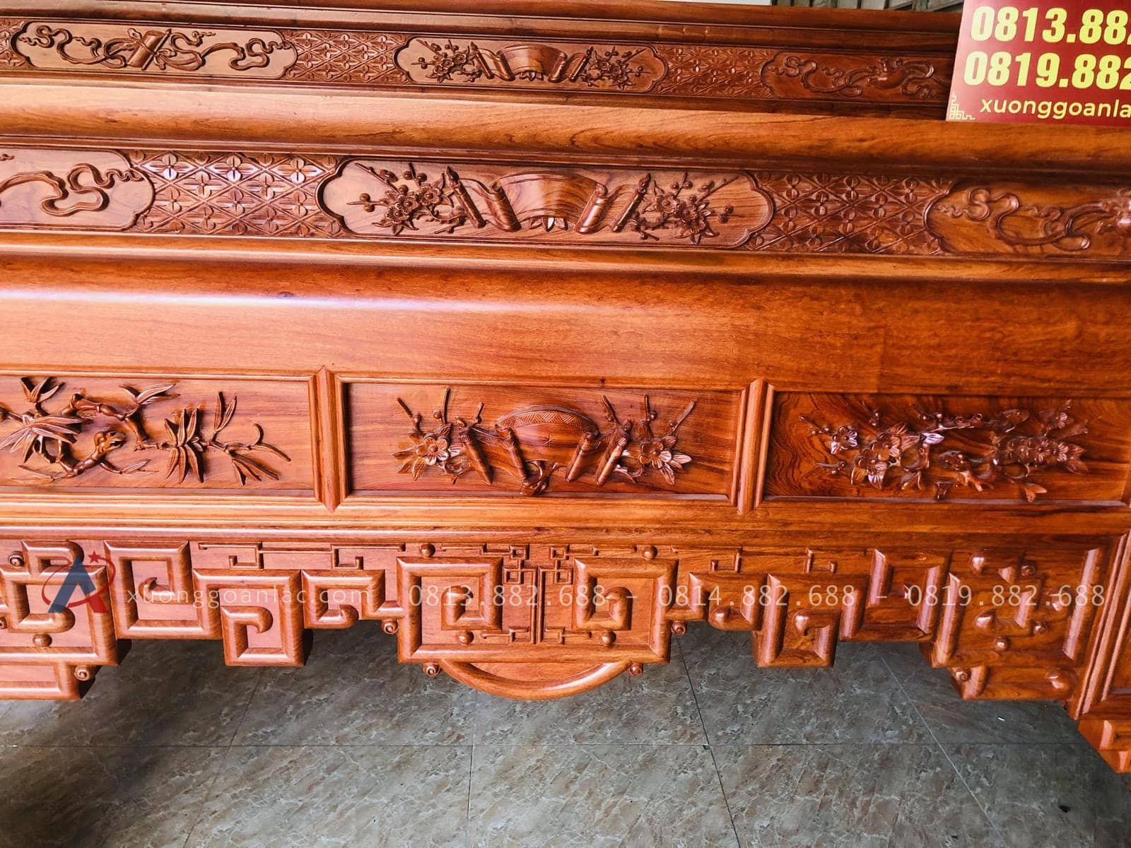 Mẫu án gian nhị cấp đục tứ quý 2m37 gỗ hương đá siêu vip chân 17 32 trung tấm yếm đục cuốn thư hoa mai