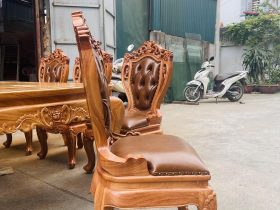 Bộ bàn ăn hoàng gia 8 ghế louis có tay bọc đệm gỗ gõ đỏ (Chị Linh, Phú Thọ) 20 ghế ăn thiết kế dáng cong ngả nhẹ