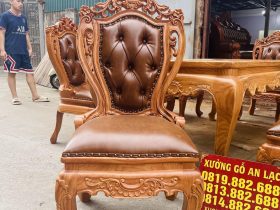Bộ bàn ăn hoàng gia 8 ghế louis có tay bọc đệm gỗ gõ đỏ (Chị Linh, Phú Thọ) 18 ghế louis hoa lá tây bọc đệm