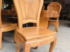 Bộ bàn ăn chân vuông nguyên khối 10 ghế hoa cúc gỗ gõ đỏ cao cấp (Anh Khánh, Thái Nguyên) 20 ghế ăn lưng cao chương đục hoa cúc