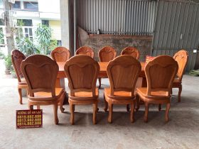 Bộ bàn ăn chân vuông nguyên khối 10 ghế hoa cúc gỗ gõ đỏ cao cấp (Anh Khánh, Thái Nguyên) 14 bộ bàn ăn chân vuông nguyên khối 10 ghế