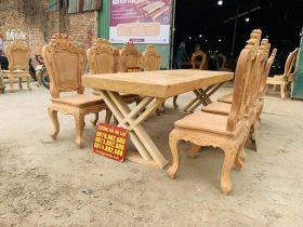 Bộ bàn ăn nguyên khối 8 ghế louis hoa lá tây gỗ gõ đỏ hoàn thiện mộc (Anh Tuấn, Hà Đông) 10 bàn ăn nguyên khối 8 ghế louis gỗ gõ đỏ
