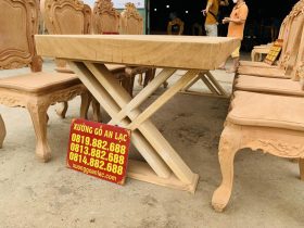Bộ bàn ăn nguyên khối 8 ghế louis hoa lá tây gỗ gõ đỏ hoàn thiện mộc (Anh Tuấn, Hà Đông) 14 mặt bàn dày 10p kết hợp chân chữ X