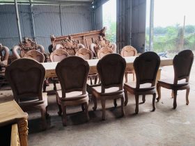 Bộ bàn ăn nguyên khối gỗ gõ đỏ 10 ghế hoa cúc (Chị Thủy, Hà Nam) 15 bộ bàn ăn nguyên khối siêu vip