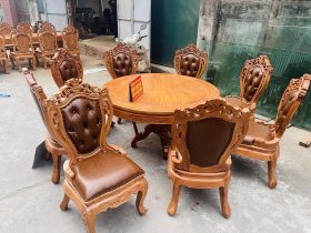 bàn ăn tròn 8 ghế louis có tay bọc đệm gỗ gõ