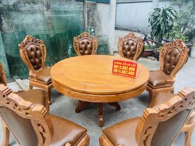 Bộ bàn ăn tròn 8 ghế louis có tay bọc đệm gỗ gõ đỏ cao cấp (Anh Đăng, Nghệ An) 11 bàn ăn tròn 8 ghế