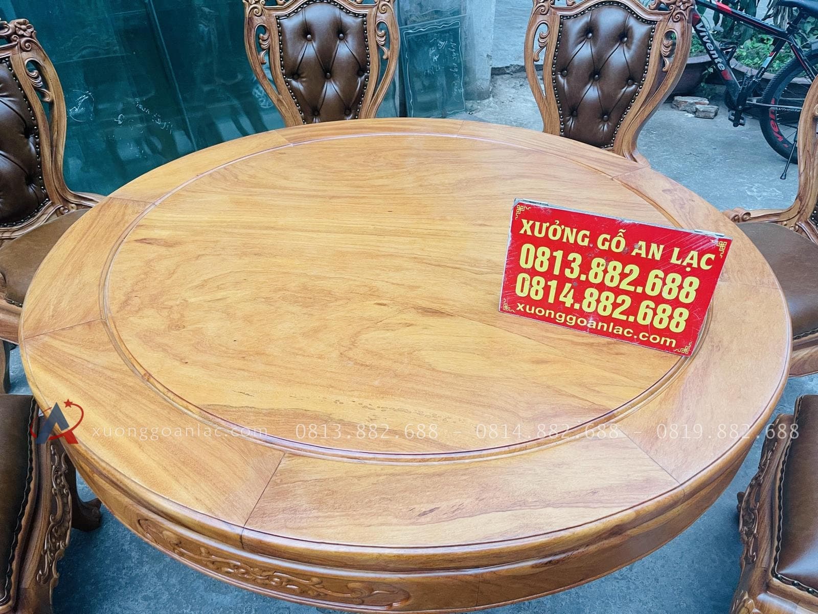 Bộ bàn ăn tròn 8 ghế louis có tay bọc đệm gỗ gõ đỏ cao cấp (Anh Đăng, Nghệ An) 21 bàn ăn tròn khung ván gỗ gõ