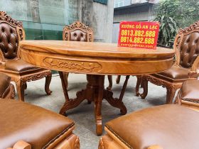 Bộ bàn ăn tròn 8 ghế louis có tay bọc đệm gỗ gõ đỏ cao cấp (Anh Đăng, Nghệ An) 13 yếm ghế đục hoa lá tây