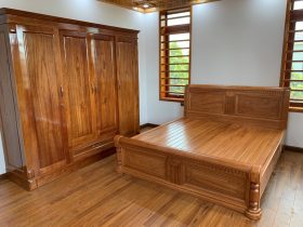 Giường gỗ gõ chữ X dát nan 12 giường ngủ gỗ gõ phun màu trần