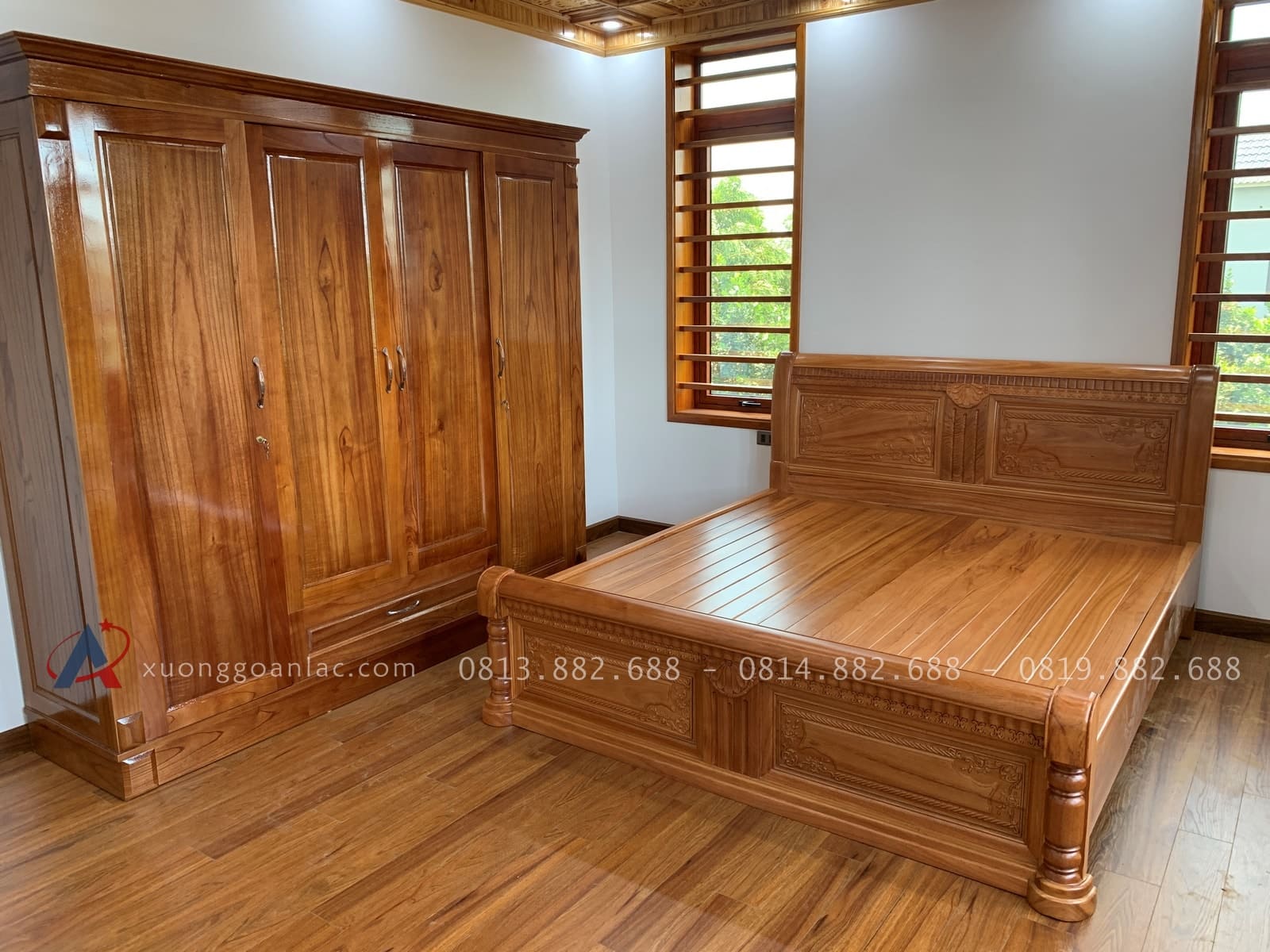 Giường gỗ gõ chữ X dát nan 22 giường ngủ gỗ gõ phun màu trần