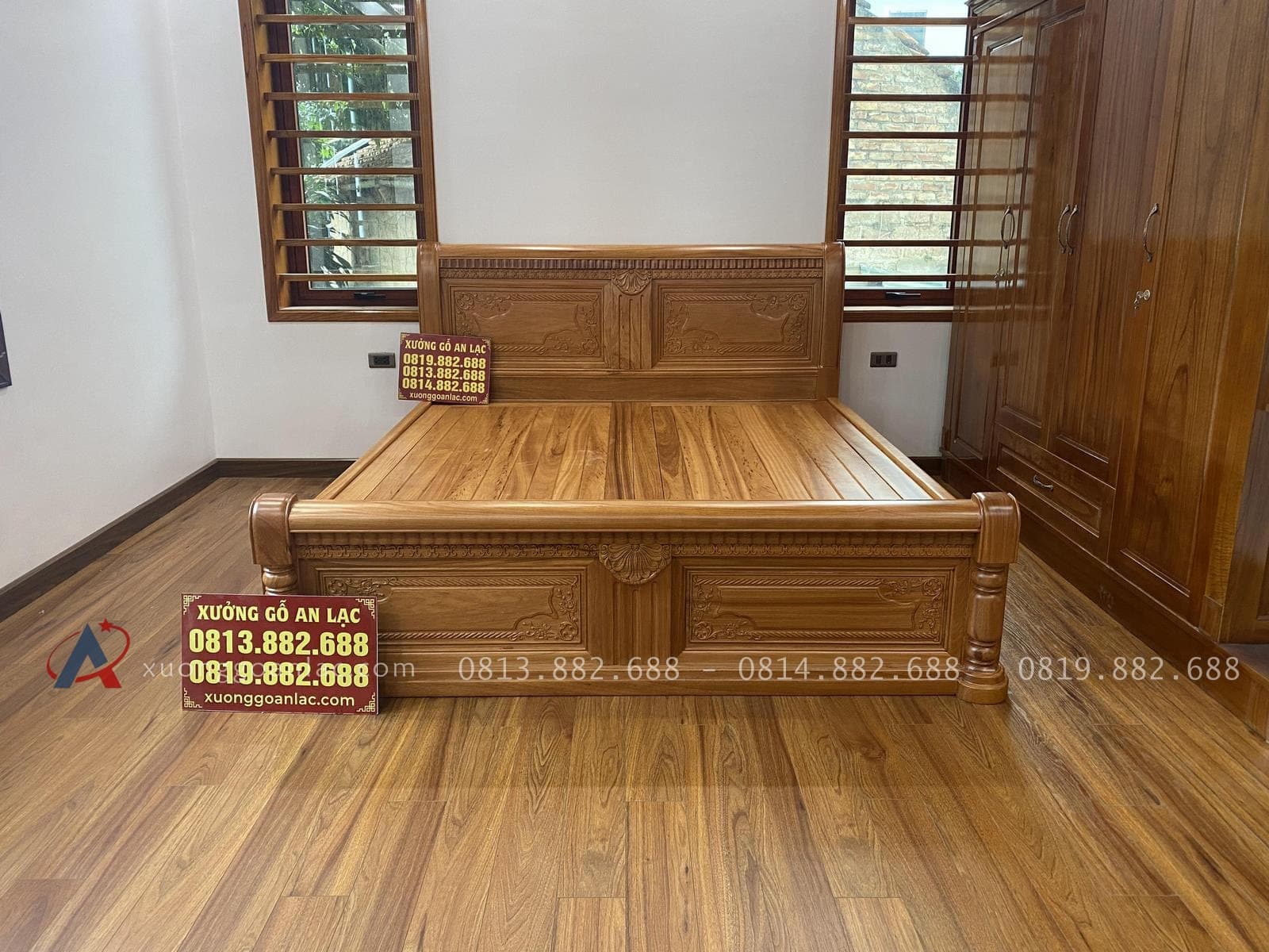 Giường gỗ gõ chữ X dát nan 23 mẫu giường 1m8x2m