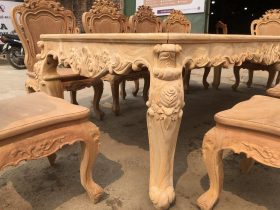Mộc bàn ăn hoàng gia 10 ghế louis hoa lá tây không tay gỗ gõ đỏ (Anh Chính, Quảng Ninh) 18 chân bàn 14p gỗ gõ