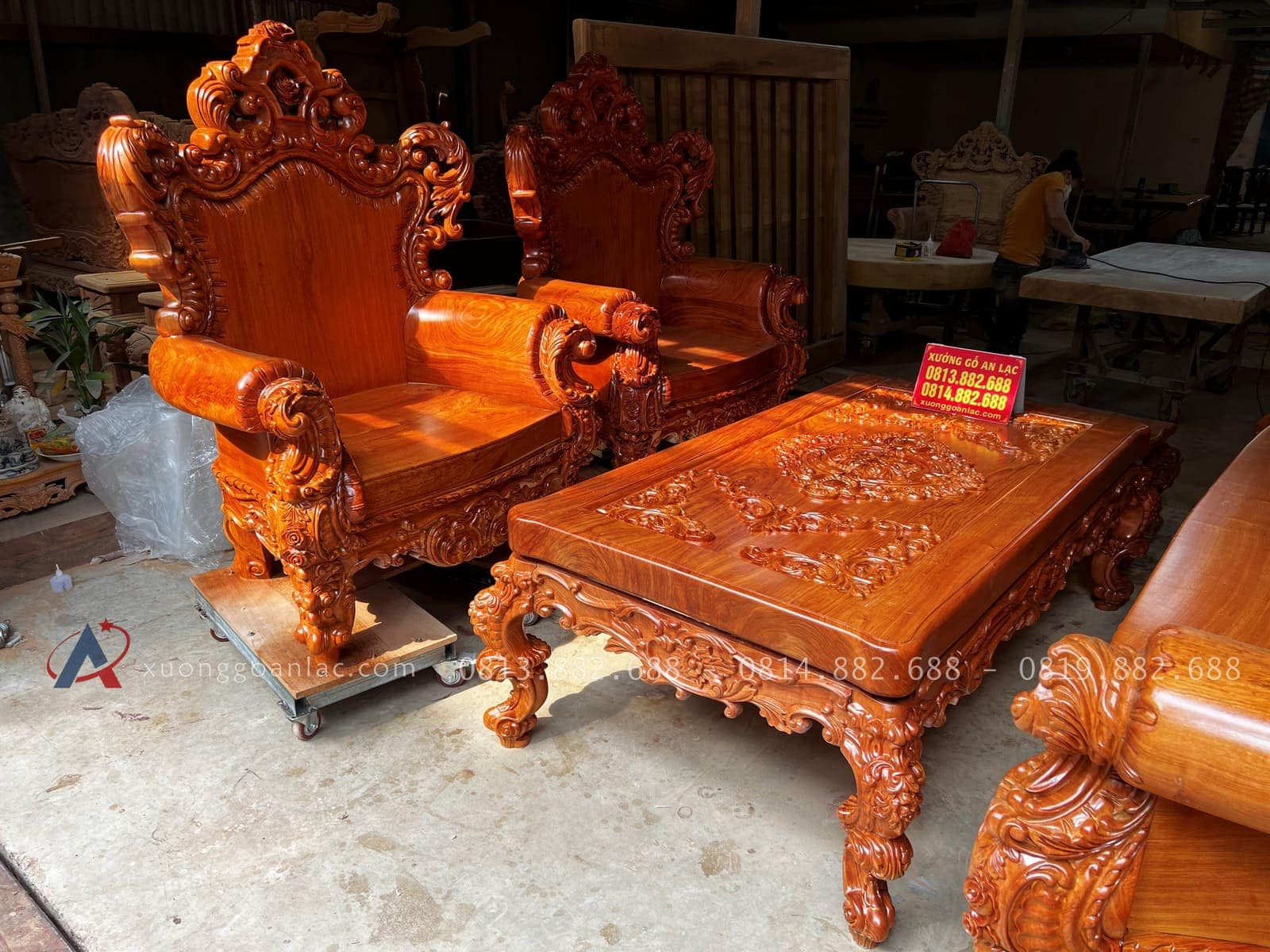 Mẫu bàn ghế hoàng gia nguyên khối 6 món gỗ Hương Đá 38 bộ bàn ghế louis hoàng gia gỗ gõ đỏ