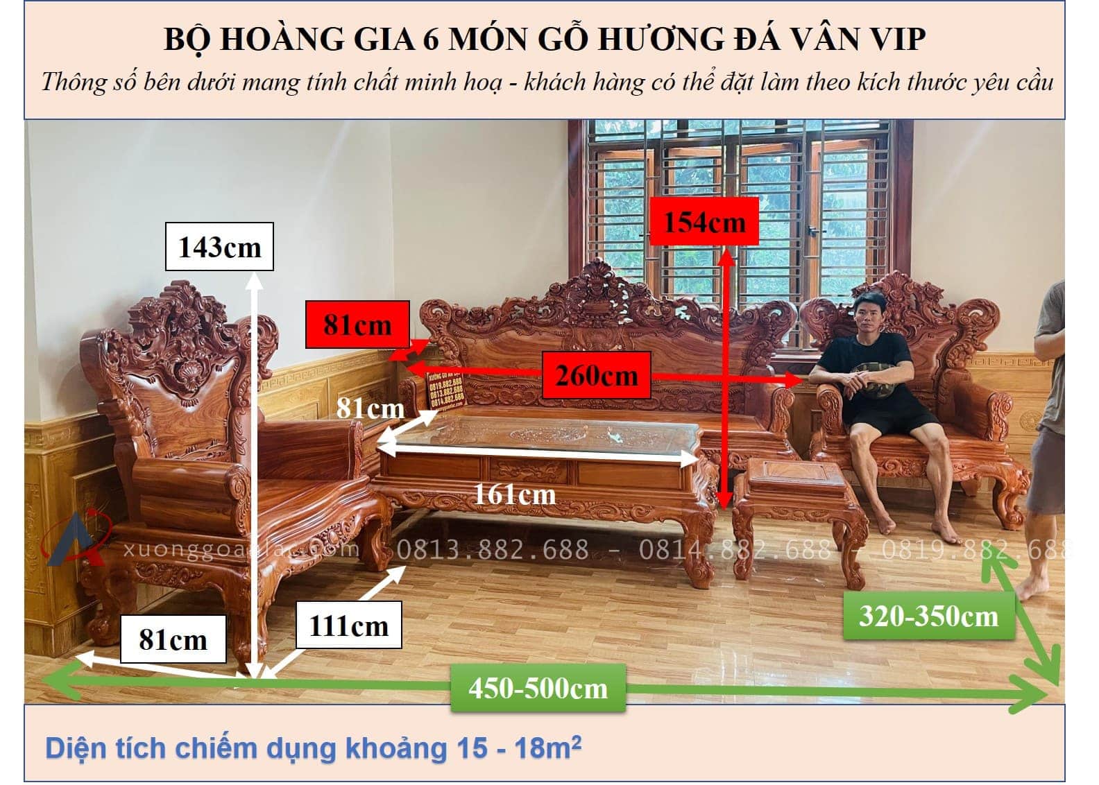 Bàn giao bộ bàn ghế hoàng gia 6 món chân 14 và kệ tivi gỗ hương đá (Anh Đoàn chị Vân - Hải Dương) 35 KÍCH THƯỚC BỘ HOÀNG GIA 6 MÓN GỖ HƯƠNG ĐÁ VÂN VIP