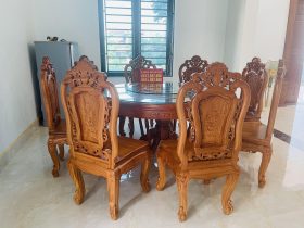 bàn ăn tròn xoay 8 ghế hồng hại gỗ gõ đỏ