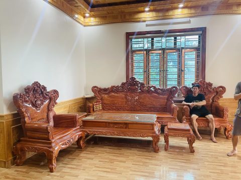 bàn ghế hoàng gia 6 món và kệ tivi gỗ hương đá