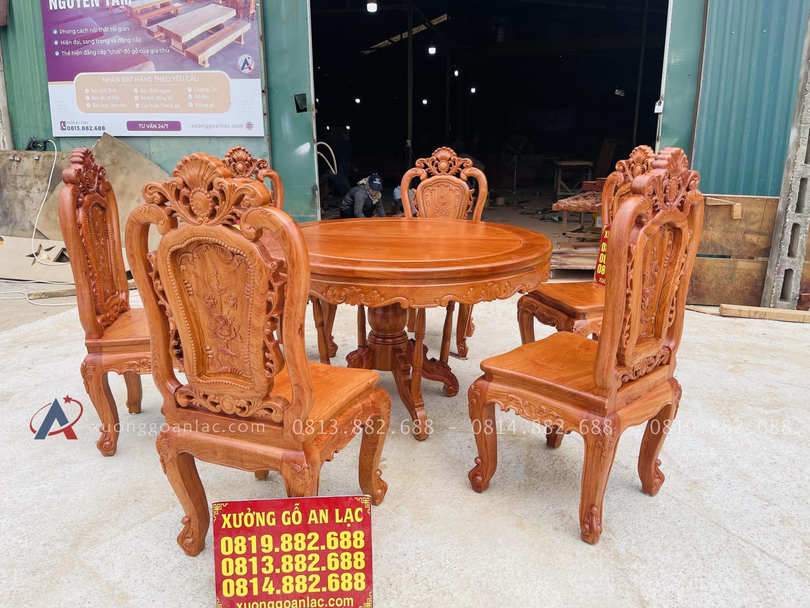 Bộ bàn ăn tròn 6 ghế hồng hạt gỗ hương đá cao cấp (Anh Thắng, Phú Thọ) 32 mẫu bàn ăn gỗ hương đá hoàng gia 6 ghế