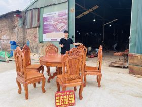 Bộ bàn ăn tròn 6 ghế hồng hạt gỗ hương đá cao cấp (Anh Thắng, Phú Thọ) 12 mẫu bàn ăn gỗ hương đá cao cấp