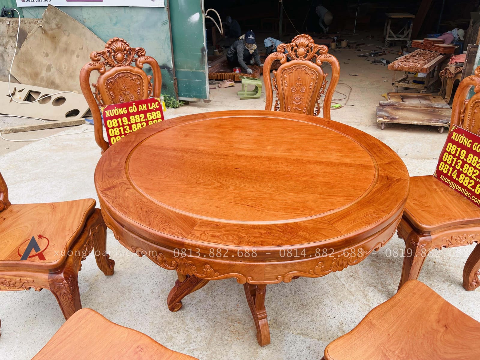Bộ bàn ăn tròn 6 ghế hồng hạt gỗ hương đá cao cấp (Anh Thắng, Phú Thọ) 24 bàn ăn tròn khung ván
