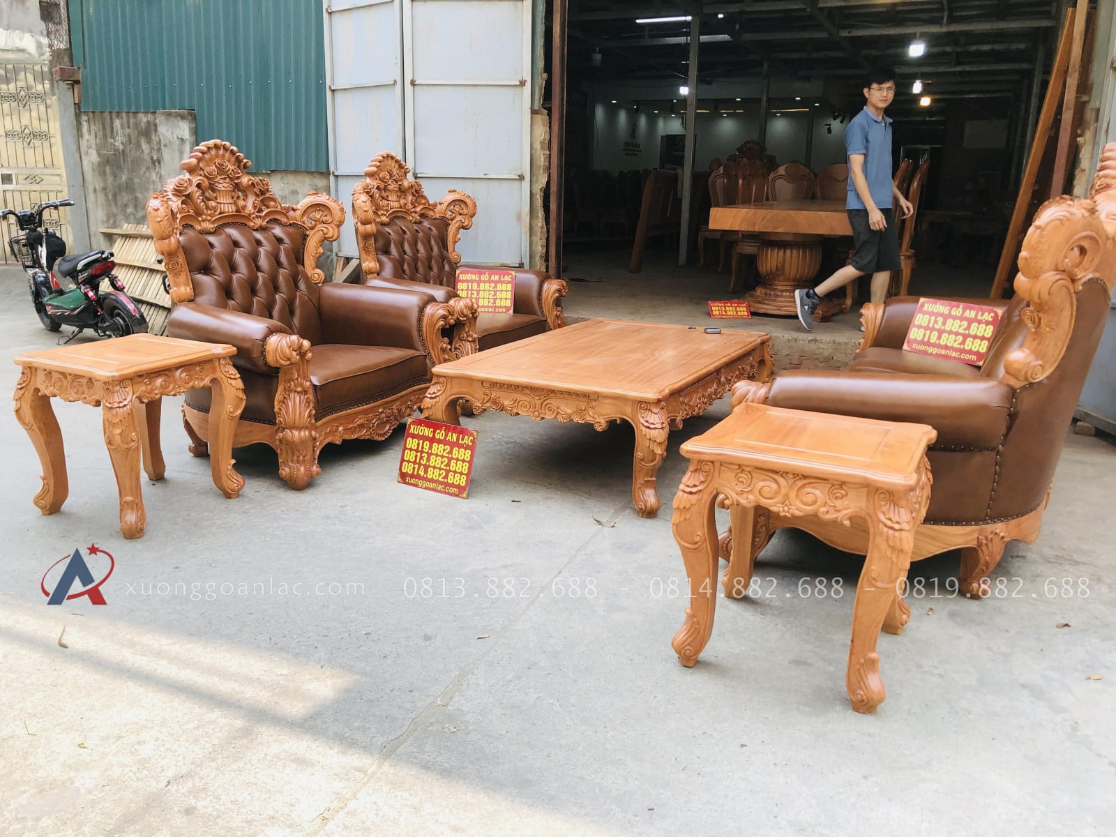 Mẫu bàn ghế louis hoàng gia bọc đệm 6 món gỗ gõ đỏ (Chị Thu, Ninh Bình) 22 bộ bàn ghế hoàng gia gỗ gõ đỏ bọc da