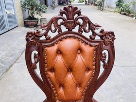 Mẫu ghế louis hoàng gia bọc đệm gỗ gõ đỏ cao cấp 9 lưng tựa cao đục lá tây tinh xảo