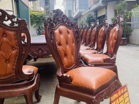 Siêu phẩm 2 bàn ăn hoàng gia 24 ghế louis bọc đệm gỗ gõ đỏ (Anh Định, Vĩnh Phúc) 30 dáng ghế ăn ngả nhẹ